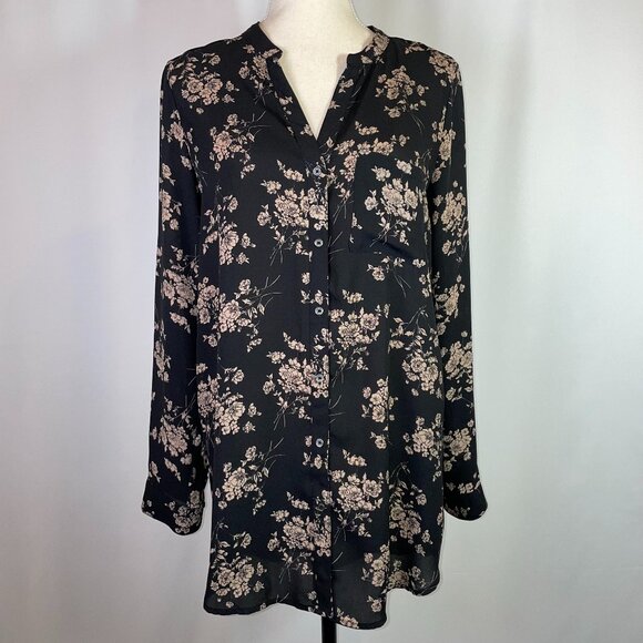 Forever 21 Tops - Forever 21 Tunic Blouse Size L Button Down V Neck Black Taupe Floral Long Sleeve